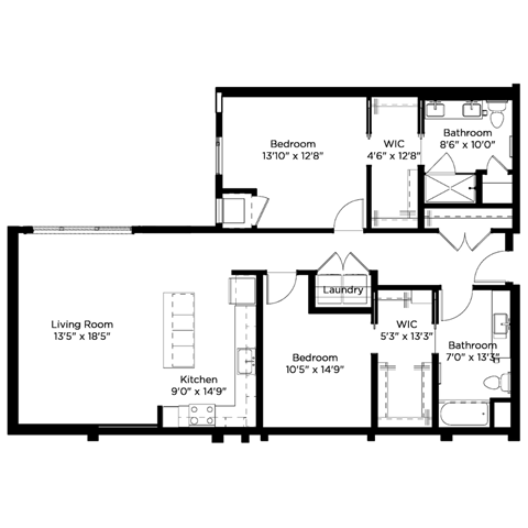 Floor plan for 2 beds, 2 baths, 1350 sqft